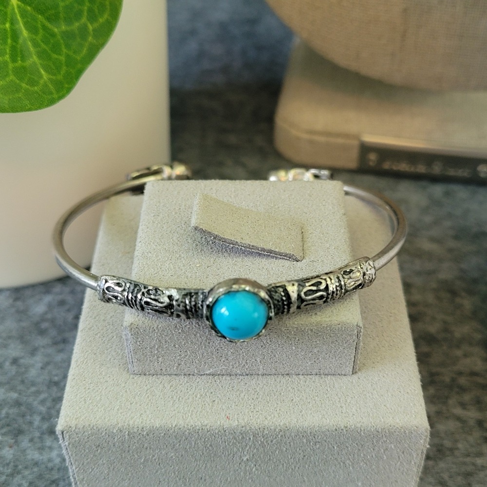 Art Nouveau Revival Turquoise Color Antique Brass Tone Openwork Cuff Bracelet